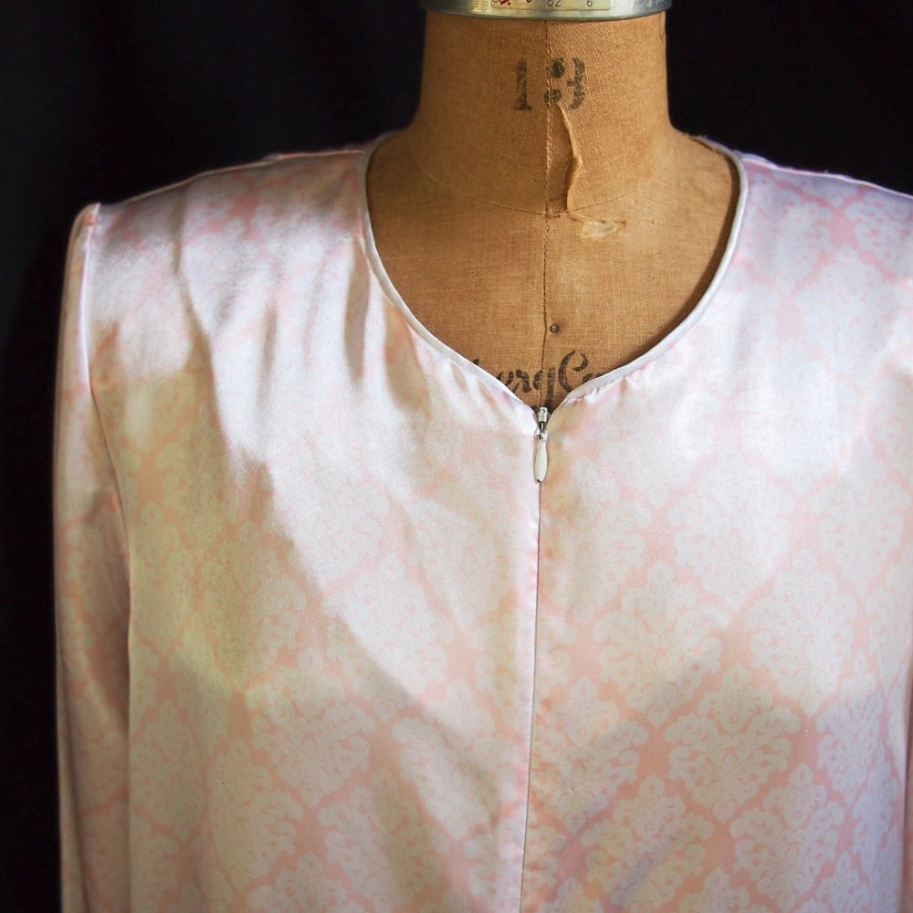 vtg KASSATLY Palm Beach Pink Floral Zip Up Satin Glam Lounge Robe Caftan Dress S - Picture 4 of 9